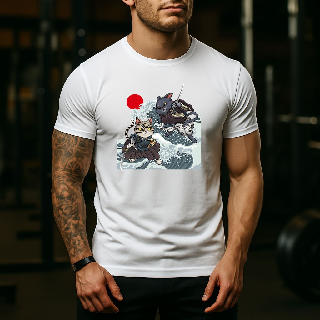 Camisa Estampado Gatos Samurai Art Algodão 30.1 Camiseta Confortável
