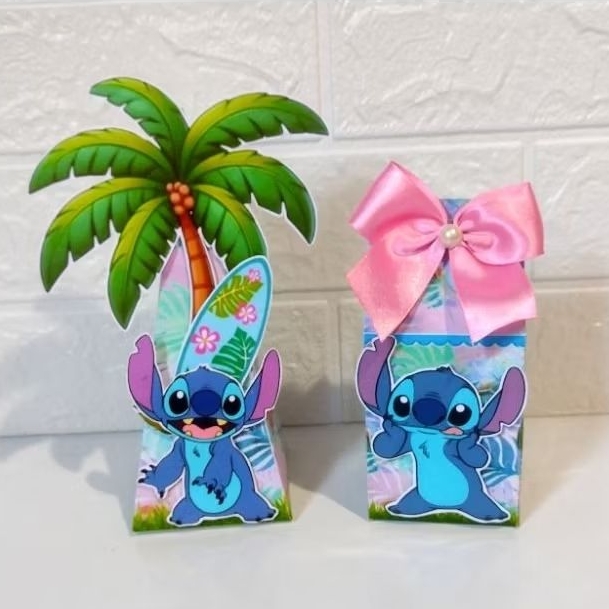 kit clássico caixinhas personalizada milke e pirâmide para lembrancinhas de festas, tema stitch, leia a descrição.
