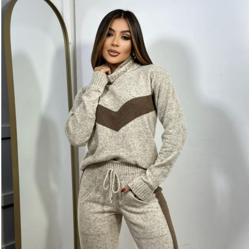 Conjunto Feminino de Tricot Listras Gola Alta Calça com Blusa de Frio Lançamento Moda Inve...