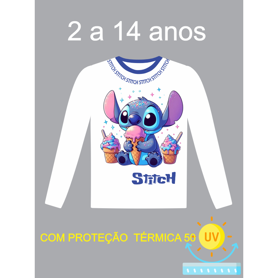 CAMISA STITCH COM PROTEÇÃO TÉRMICA UV+50 CAMISETA SEGUNDA PELE INFANTIL