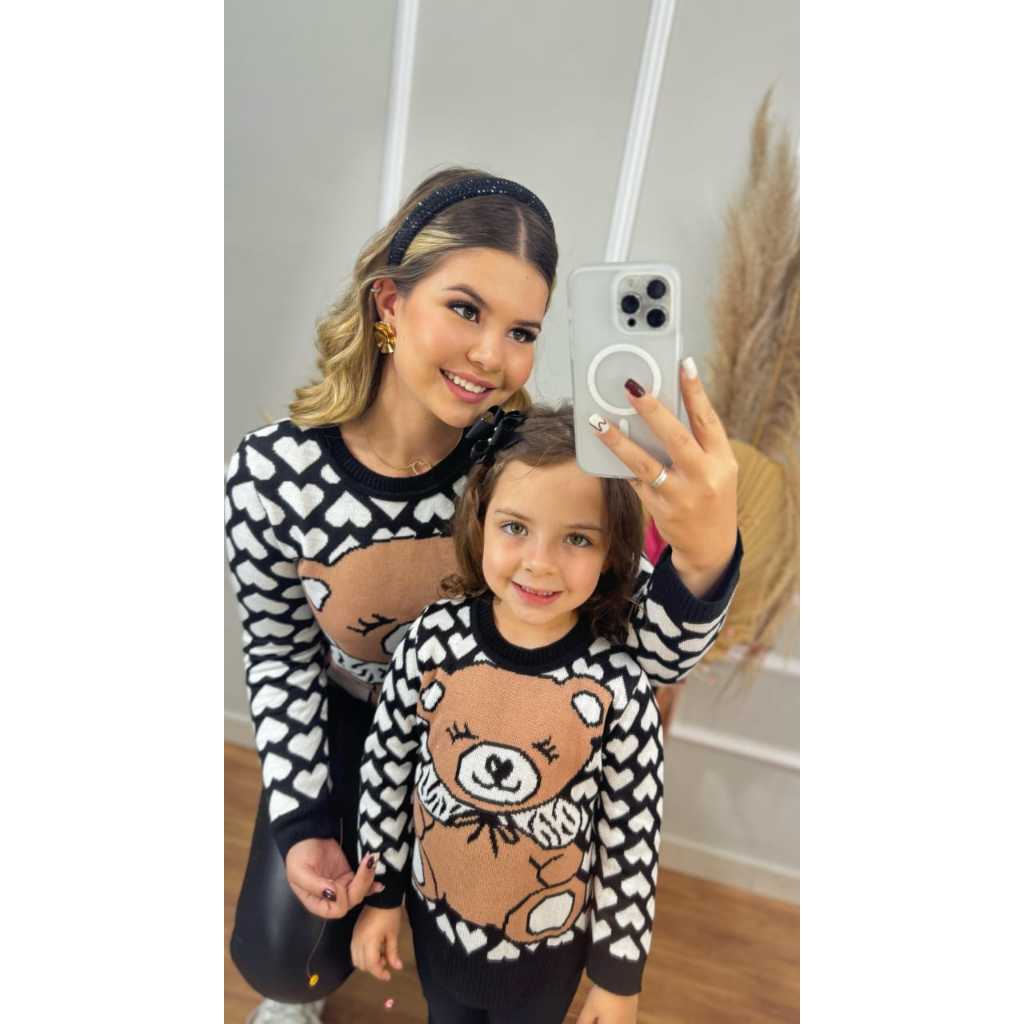 Kit Conjunto Blusa Feminina de Tricot Look Mãe e Filha Infantil Estampa Urso Lançamento Mo...