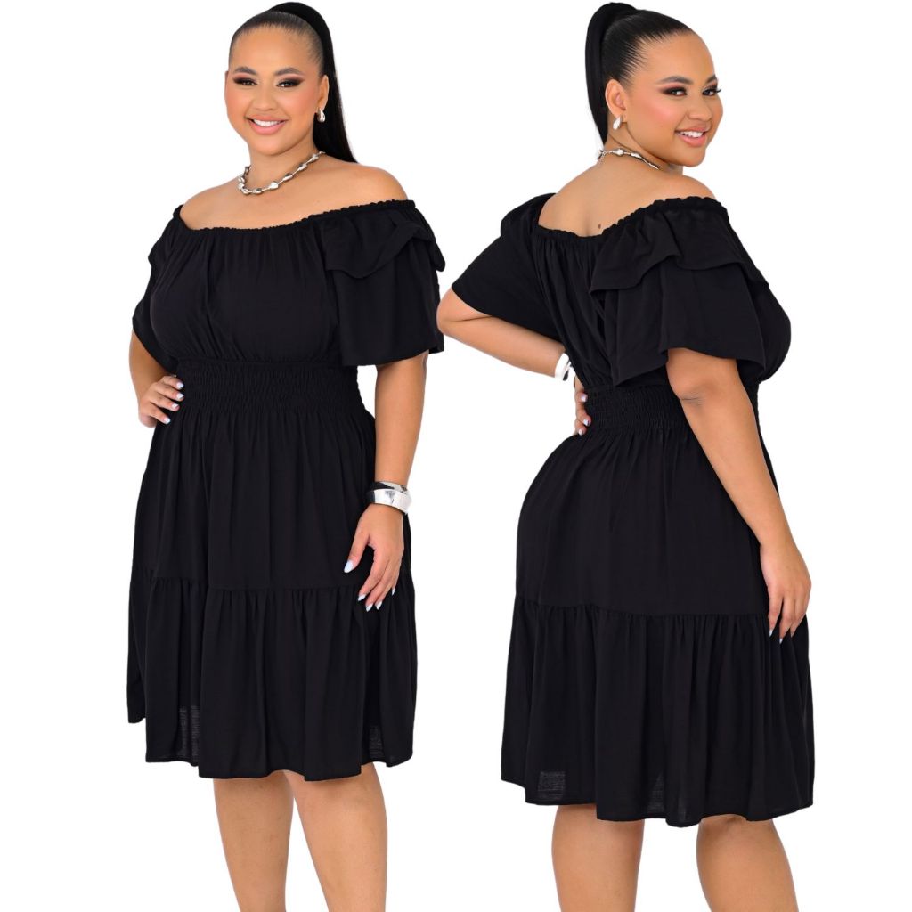 Vestido Curto Plus Size Viscolinho Ombro a Ombro Ciganinha Elegante Lastex Confortável Marcia