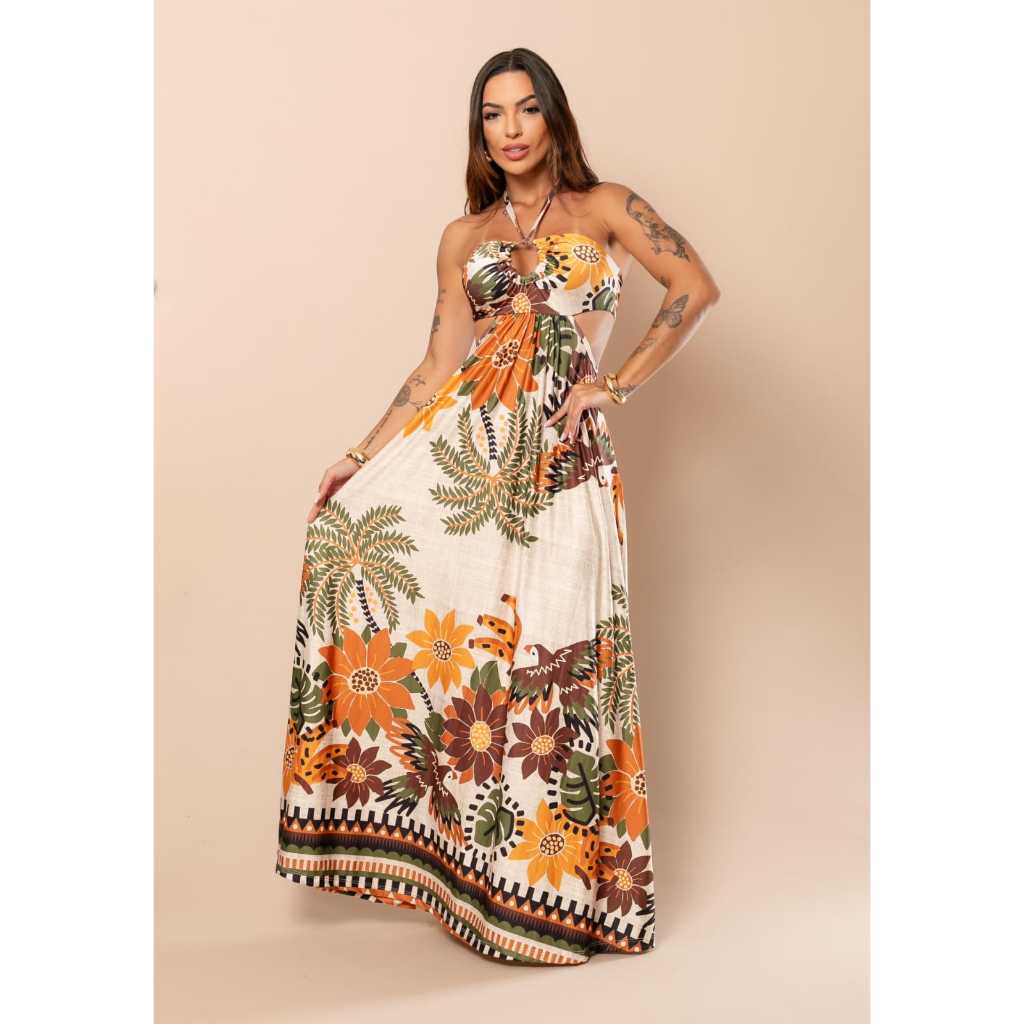 VESTIDO ALANA - vestido Feminino Longo Estampado tendencia estampa flores tropical estampa tucano