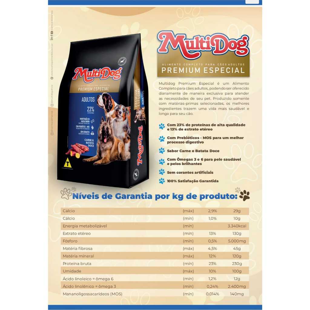 Racao Premium Multidog 23% Proteina Saco 15kg BRINDE  1 PACOTE DE BIFINHOS CANIS 65 GRAMAS  FRANGO