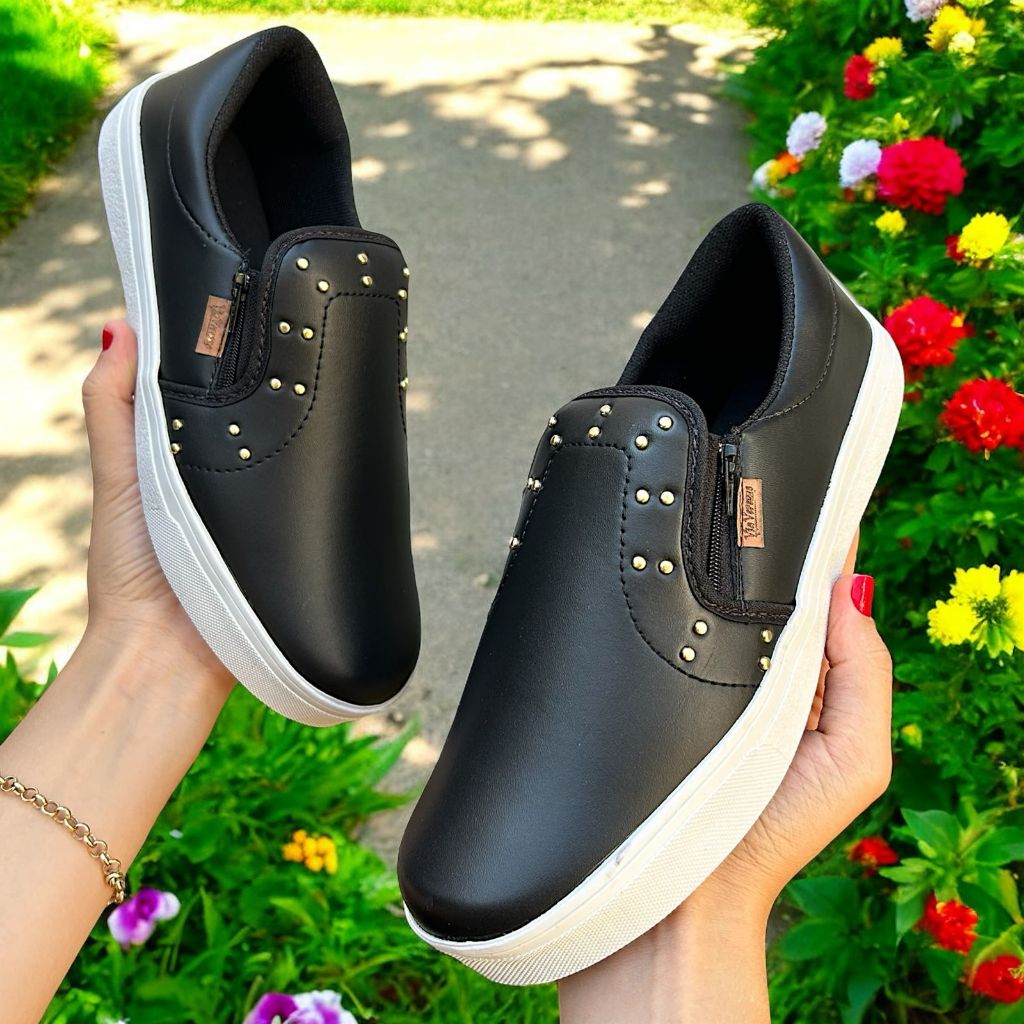 Tênis Feminino Casual Com Ziper Slip On Moderno Sapatenis Slip On Calce Facil Ultra Confortável Sapatilha Estiloso