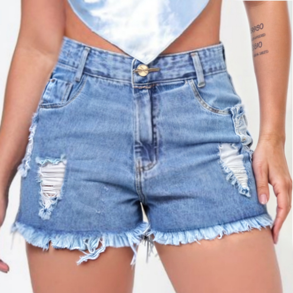 Shorts Feminino Jeans Cintura Alta 100% Algodão Levanta e Empina Bumbum