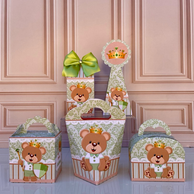 PEGUE E MONTE  kit festa personalizados caixinhas  lembrancinhas de festa cha de bebe ursinho príncipe verdee