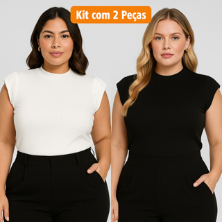 kit 2 Blusas Feminina Muscle tee Plus Size Ribana Canelada Gola Redonda Básica Social Elegante All Curve em Oferta na Shopee