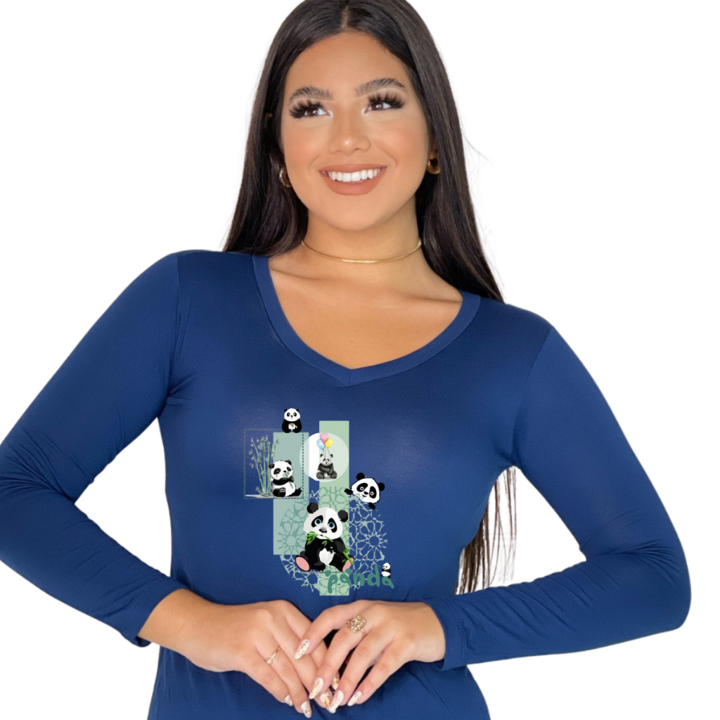 Blusa de Frio Feminina Estampada cinco pandinhas Gola V Manga Longa Casual, Inverno