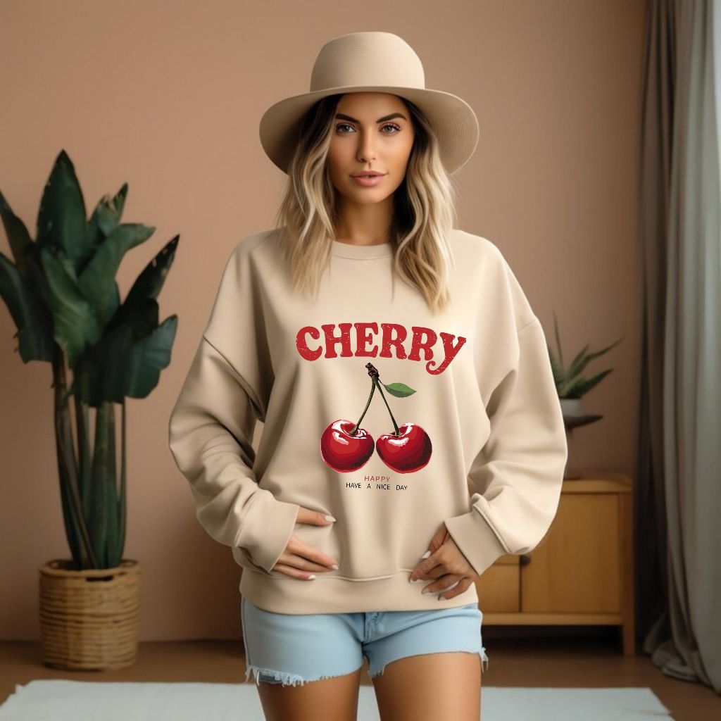Moletom Gola Redonda Suéter Estampado Cherry Cereja Unissex
