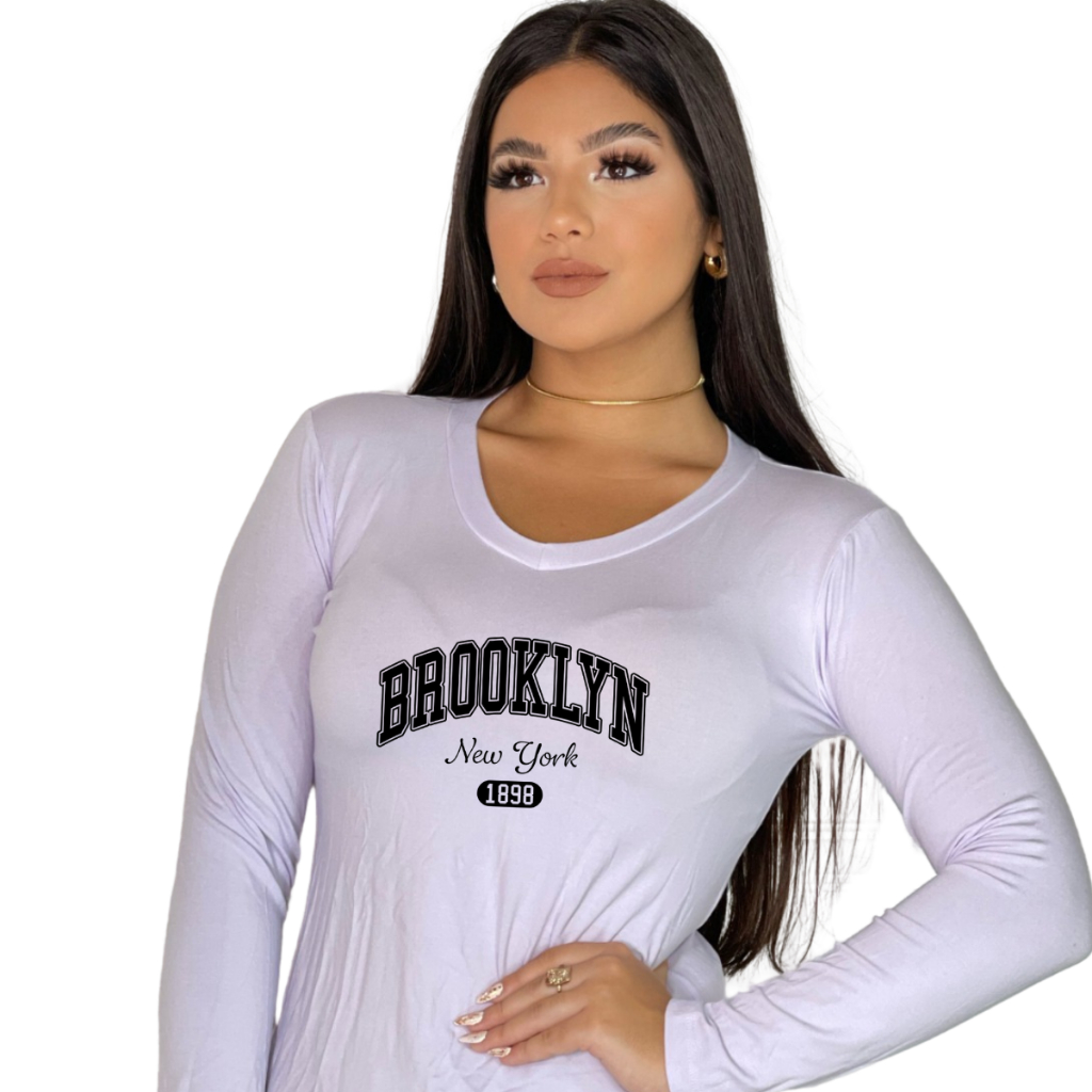 Blusa de Frio Feminina Estampada Brooklyn Gola V Manga Longa Casual, Inverno
