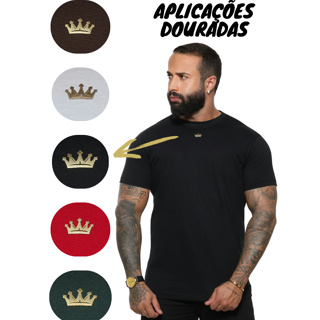 Camiseta Masculina Gola O, Camisa Com Aplicação Gold Minimalista Premium, Blusa Slim Casual Unissex em Oferta na Shopee