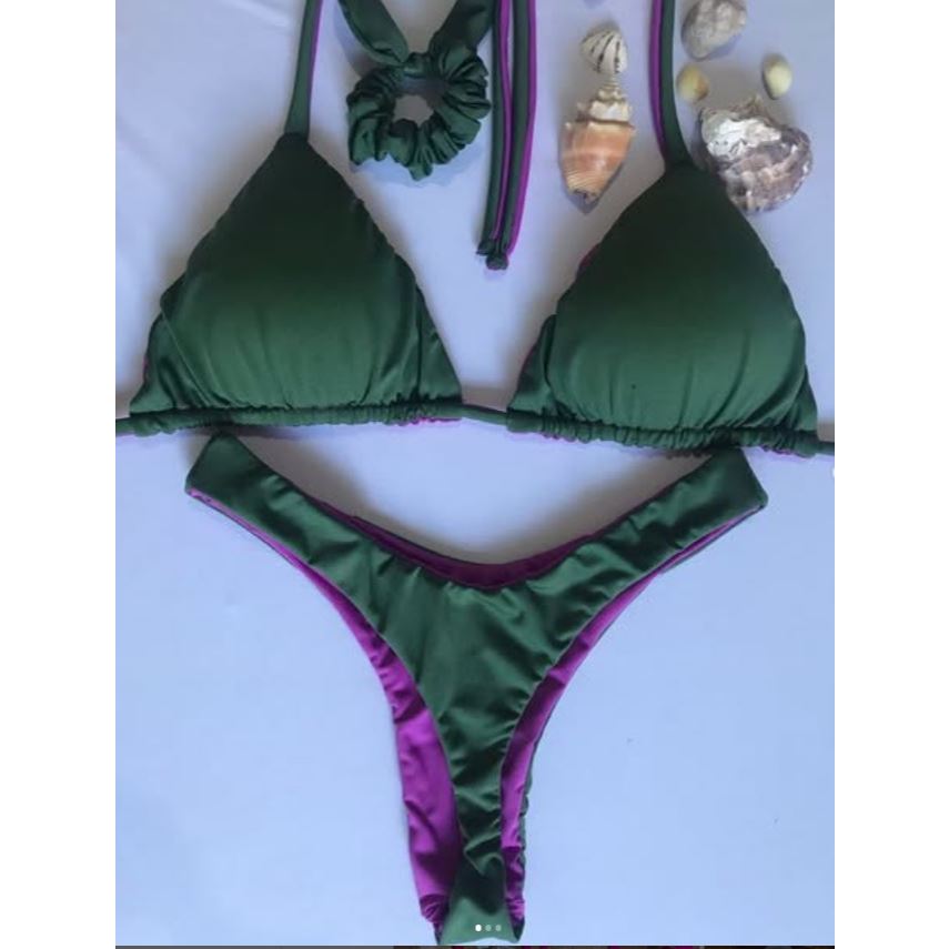 Biquíni TODO DUPLA FACE cortininha com calcinha asa delta verde militar com fúcsia - com bojo semi fio