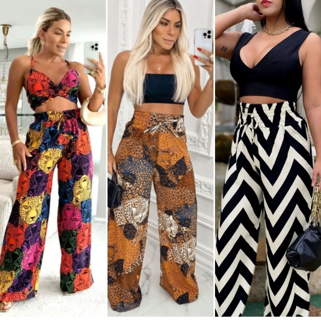 Kit 3 Calça Pantalona Feminina Cintura Alta Tecido Crepe com Elastano e Elástico na Cintura Possui Bolso Discreto