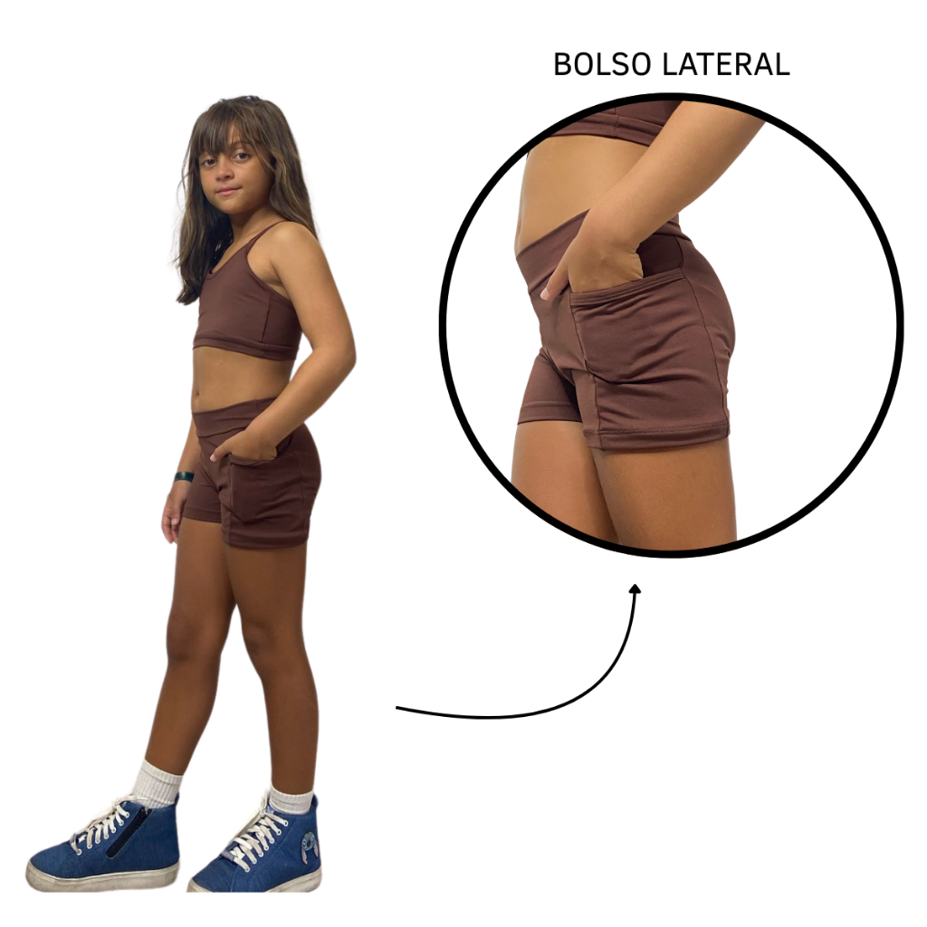 Conjunto Fitness Infantil Feminino Top E Short com Bolso Poliamida Ginastica Cross Academia