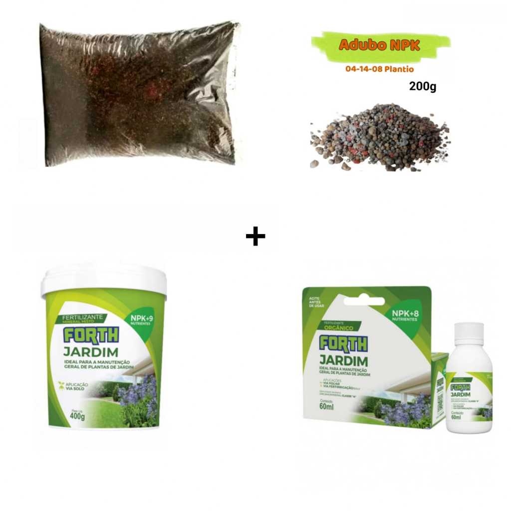 kit adubo fertilizante forth jardim 400g + jardim concentrado 60ml + NPK 200g + Húmus de minhoca organico 500g