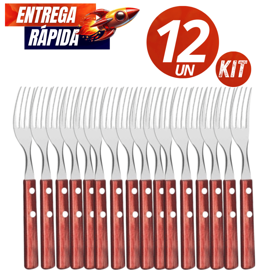 Conjunto Talher 12/06  Garfo Garfos inox com Cabo de Madeira Faqueiro Linha Premium Casa Culinária