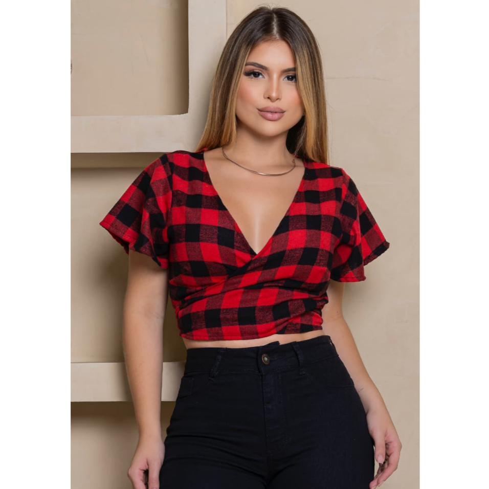 Blusa Transpassada Amarrar Xadrez São João Festa Junina