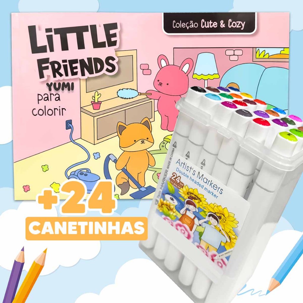 Kit Livro de Colorir Comfy Cozy Time Goods + Estojo Bolsa Caneta Marcadores Canetinhas Touch Ponta Dupla