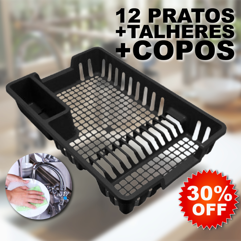 Escorredor de Louças 12 Pratos Plástico Preto Escorredor Lousa Copos Talheres