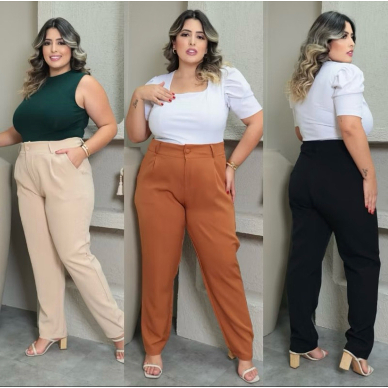 Calça alfaiataria felina cintura alta plus size elegante confortável casual trabalho