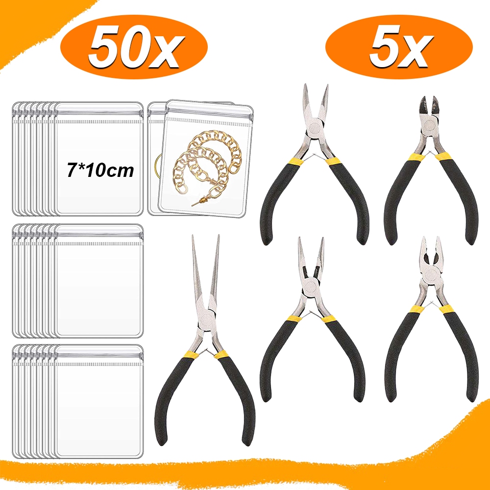 50 joias Bolsa transparente ,Conjunto de ferramentas para mini alicates 5 peças para bijuteria Conjunto