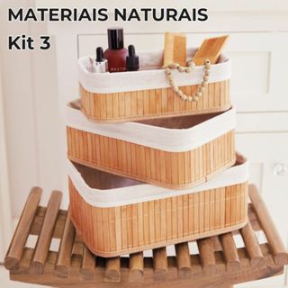 Kit 3 Cesto organizador de Bambu Multiuso com Forro Caixa organizadora grande