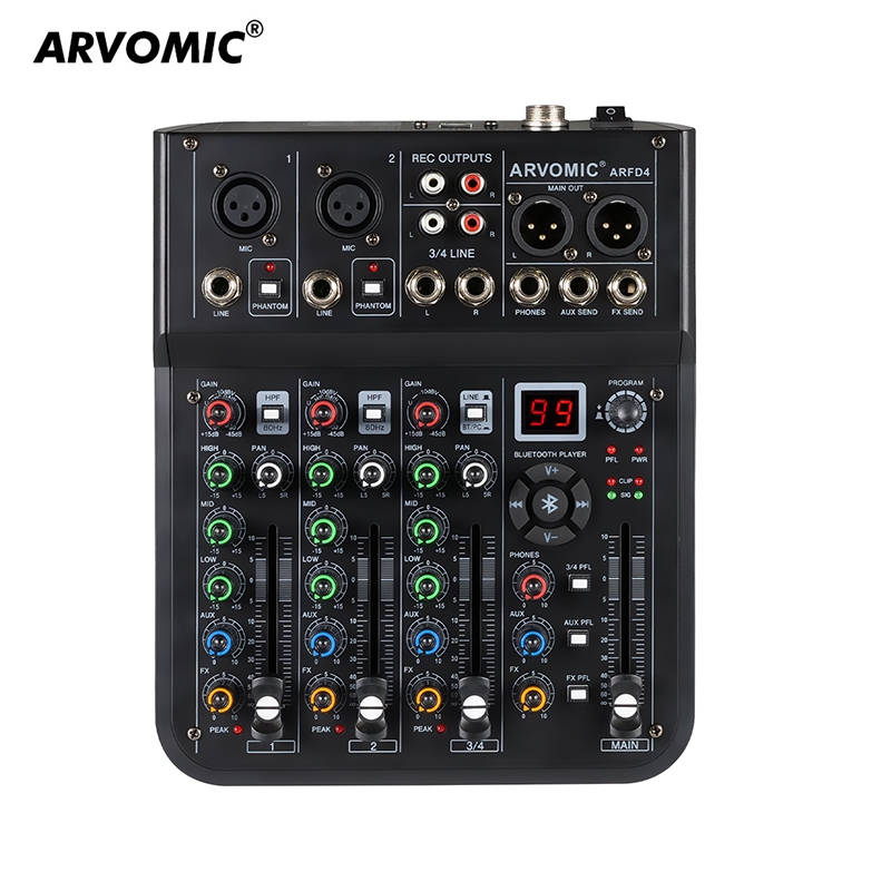ARVOMIC ARFD4 4 canais Mixer DJ profissional com 99 efeitos DSP função Bluetooth interface de áudio