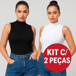 Kit com 2 Blusas Femininas Gola Alta Sem Manga – Ribana Canelada em Oferta na Shopee
