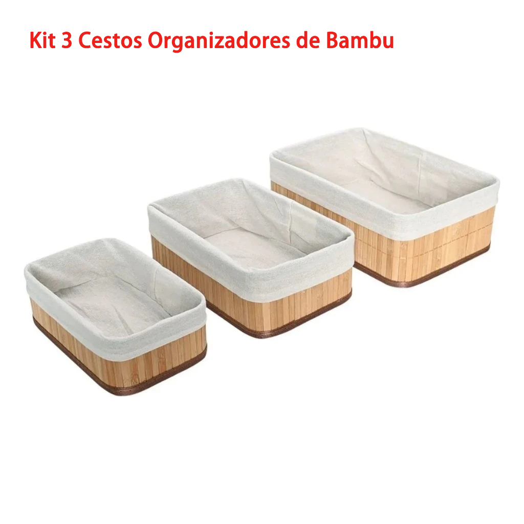Kit 3 Cestos Organizadores de Bambu Multiuso com Forro com 3 Tamanhos