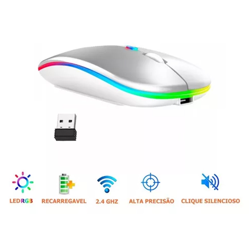 Mouse Sem Fio Recarregável E-1300Pro Com LED RGB 2.4G/Bluetooth 5.2 Portátil para Office