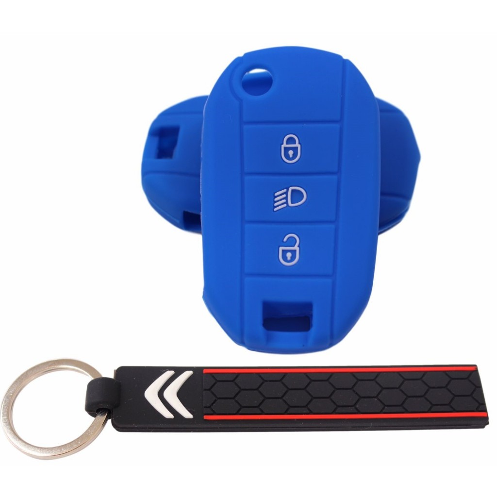 Kit Capa Silicone Chave Canivete 3 Botões Azul Citroën C1 C3 C4 + Chaveiro Citroën.