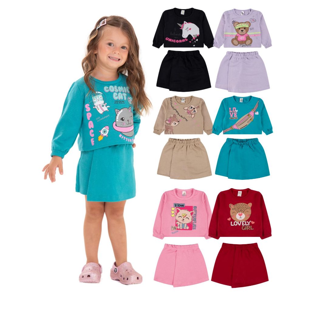 Kit Sortido 2 ou 4 Peças Menina Short Saia e Cropped Moletinho 100% Algodão Infantil Feminino Estiloso Blogueirinha em Oferta na Shopee