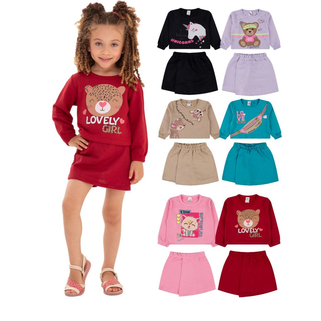Kit Sortido 4 Peças Menina Short Saia e Cropped Moletinho 100% Algodão Tamanho 2 ao 10