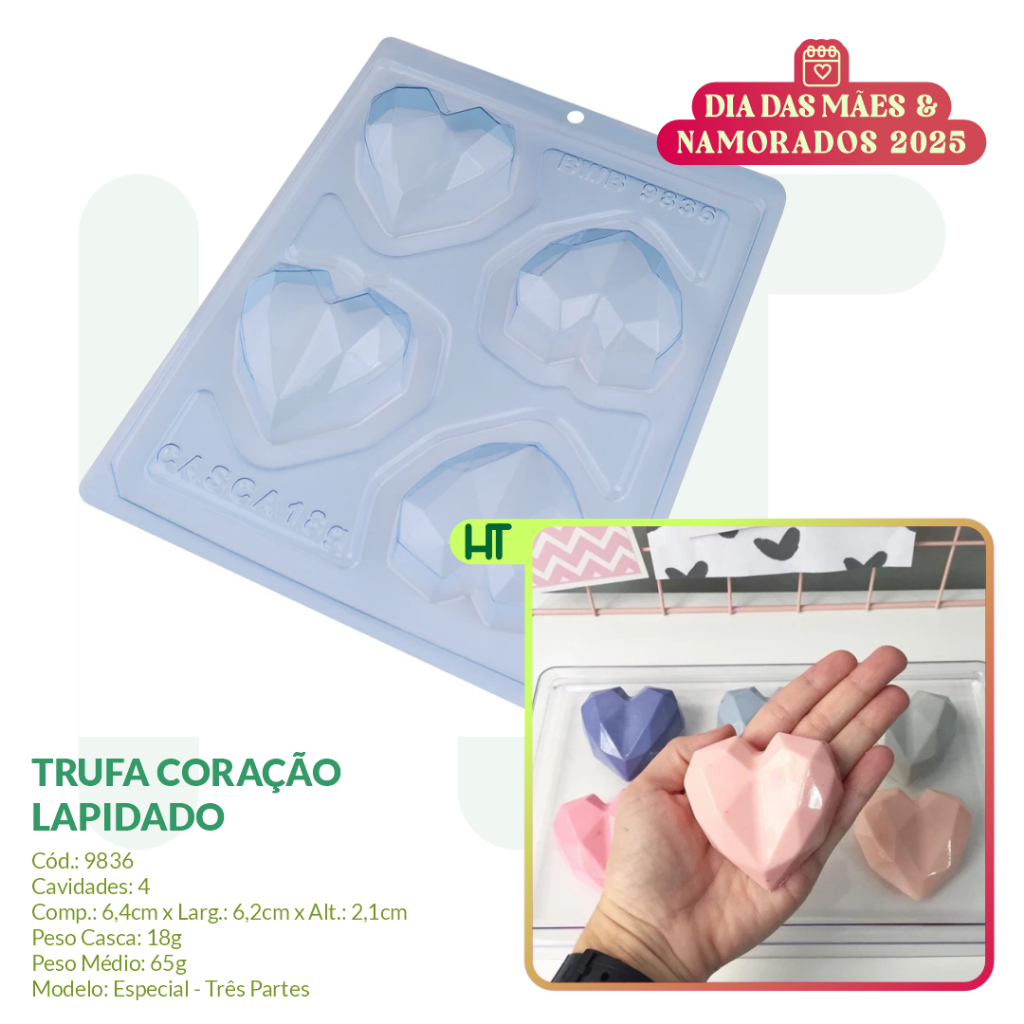 Forma para Chocolate - Trufa Coração Lapidado BWB 9836 - Especial 3 Partes - DIA DOS NAMORADOS 2025