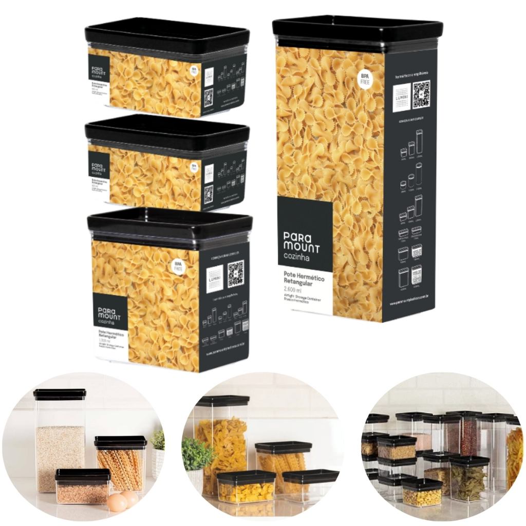 Kit 4 Potes Herméticos Empilháveis Lumini Black Cozinha Organizada - Paramount