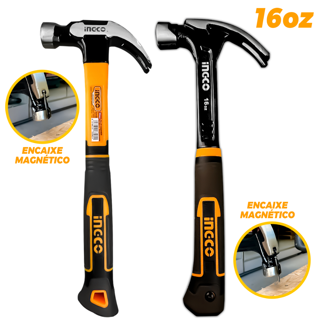Martelo Unha Magnético 16OZ Ingco 29MM/32MM Aço Forjado Cabo Emborrachado Pregos Construção Reparos