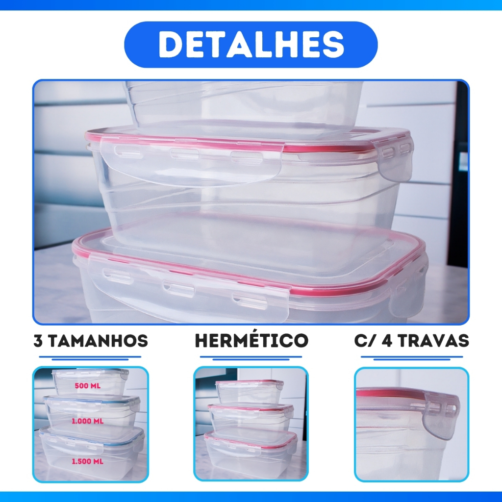 Kit 3 Potes Herméticos de Plástico c/ Lacre Trava Alta Vedação de Silicone 500 ML /1.000 ML /1.500ML · foto 2