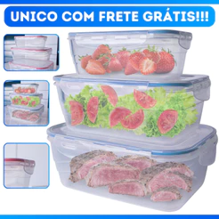Kit 3 Potes Herméticos de Plástico c/ Lacre Trava Alta Vedação de Silicone 500 ML /1.000 ML /1.500ML