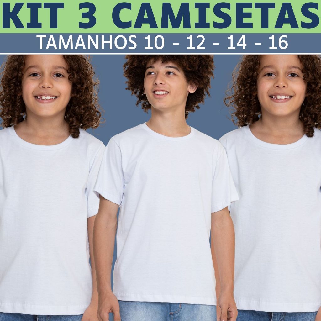KIT 3 Camiseta Juvenil Masculina Branca Lisa Manga Curta 100% Algodão 2838-K3-C1