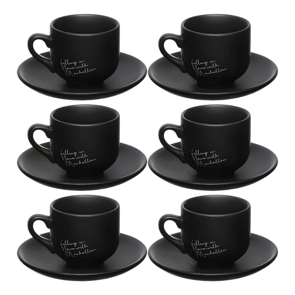 Jogo 6 Xicaras Café Chá Porcelana C/ Pires Manhattan 90ml Preto Fosco - Qualidade Jhamba em Oferta na Shopee