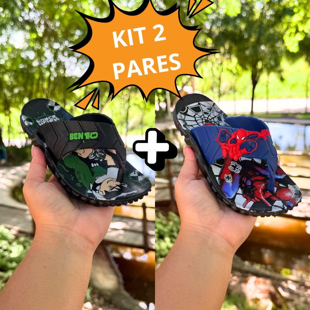 KIT 2 PARES Chinelo Infantil Menino Super Confortável Personagens Homem-Aranha Ben10 Hot Wheels Capitão América Kids