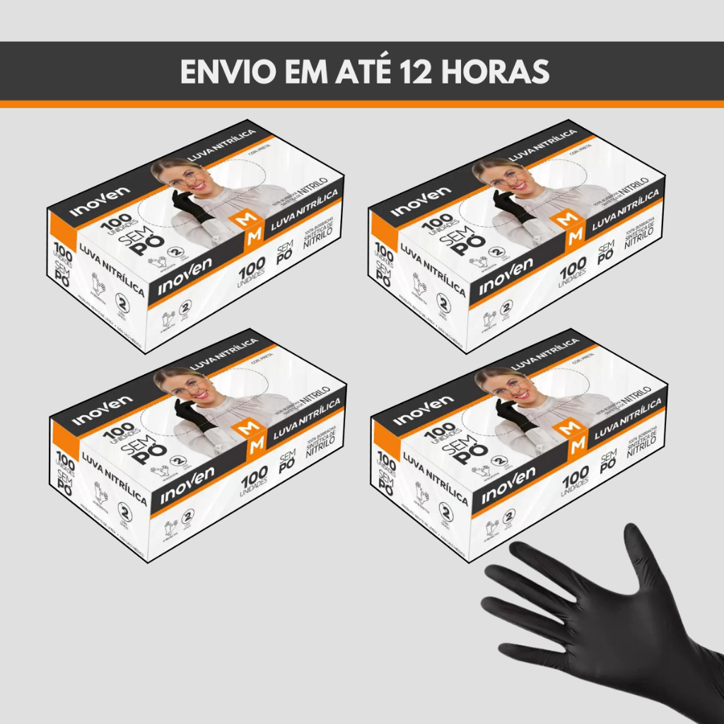 Kit 4 Caixas Luva Nitrilica Preta Descartável Sem Pó 400 Unidades Inoven Tamanhos P M G
