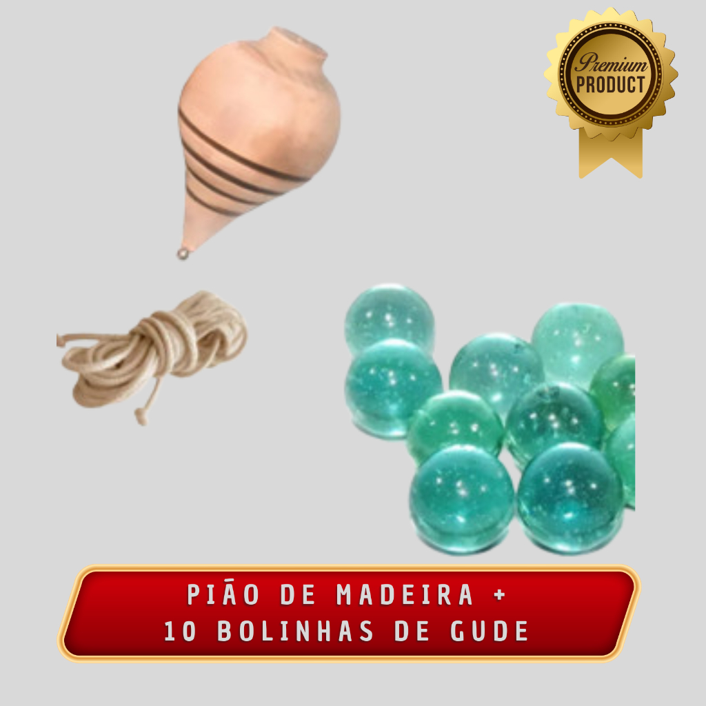Kit 40/80/200 Bolinhas de Gude vidro + Pião De Madeira Com Fieira