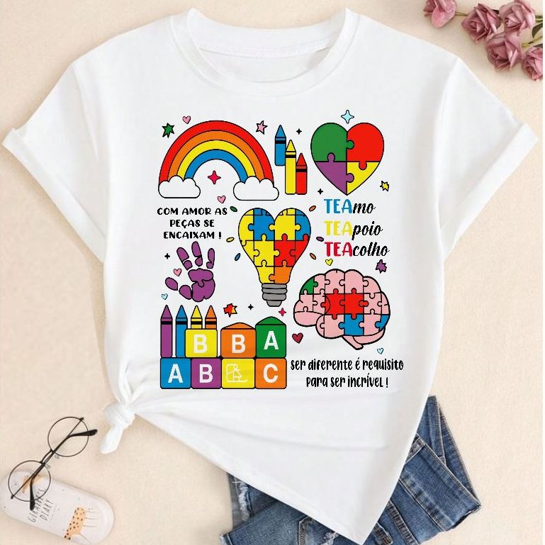 blusa camiseta feminina autismo TEA coração frases ,mãe de autista atípica, educação especial infantil plus size em Oferta na Shopee