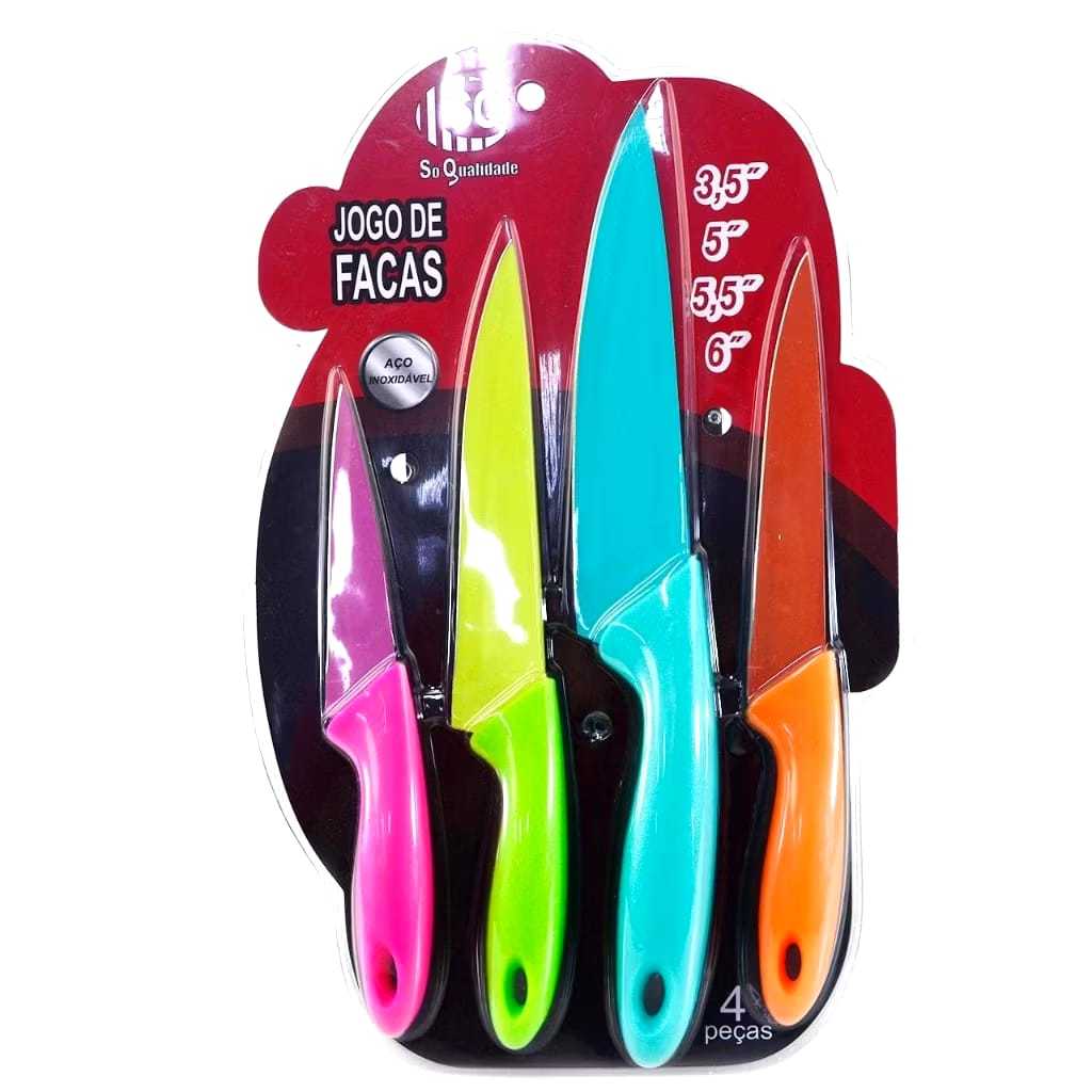 Kit Faca de Cozinha Inox 4 Peças Cabo de Plástico Coloridas Cozinha