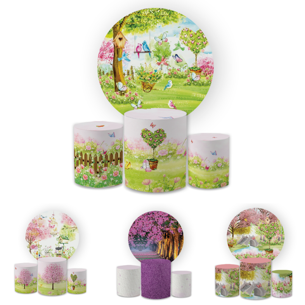 Kit Capa Painel Redondo 1,5 + Trio Capas Cilindros Tecido Sublimado Veste Fácil Decoração Jardim Encantado em Oferta na Shopee