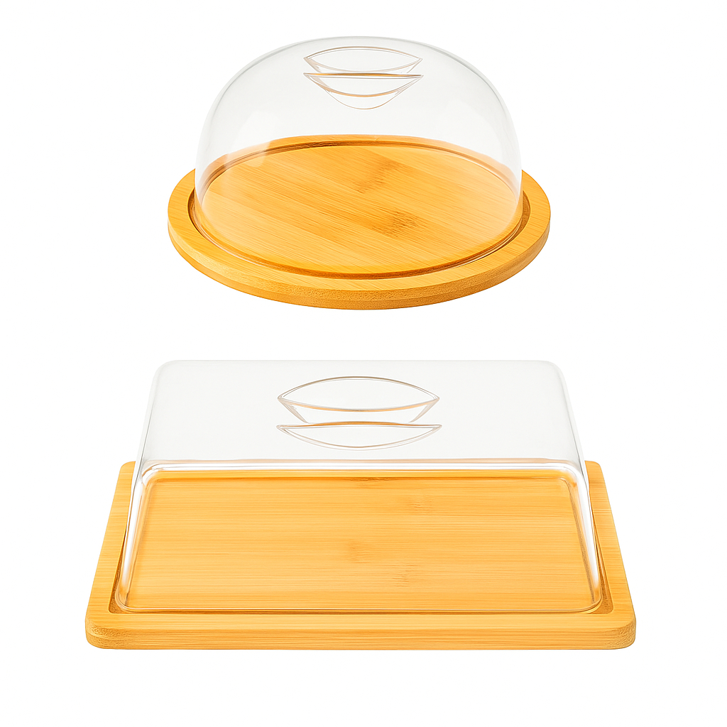 Kit Porta Queijos Frios Queijeira Bambu Tampa Acrílico Geladeira Café Mesa Cozinha Frutas Pães Bolos Manteiga Suporte