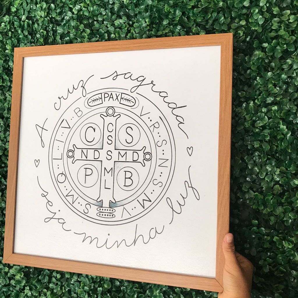 Quadro cobre caixa de luz com moldura 43x43 A cruz sagrada seja minha luz para sala/ quarto/decoração