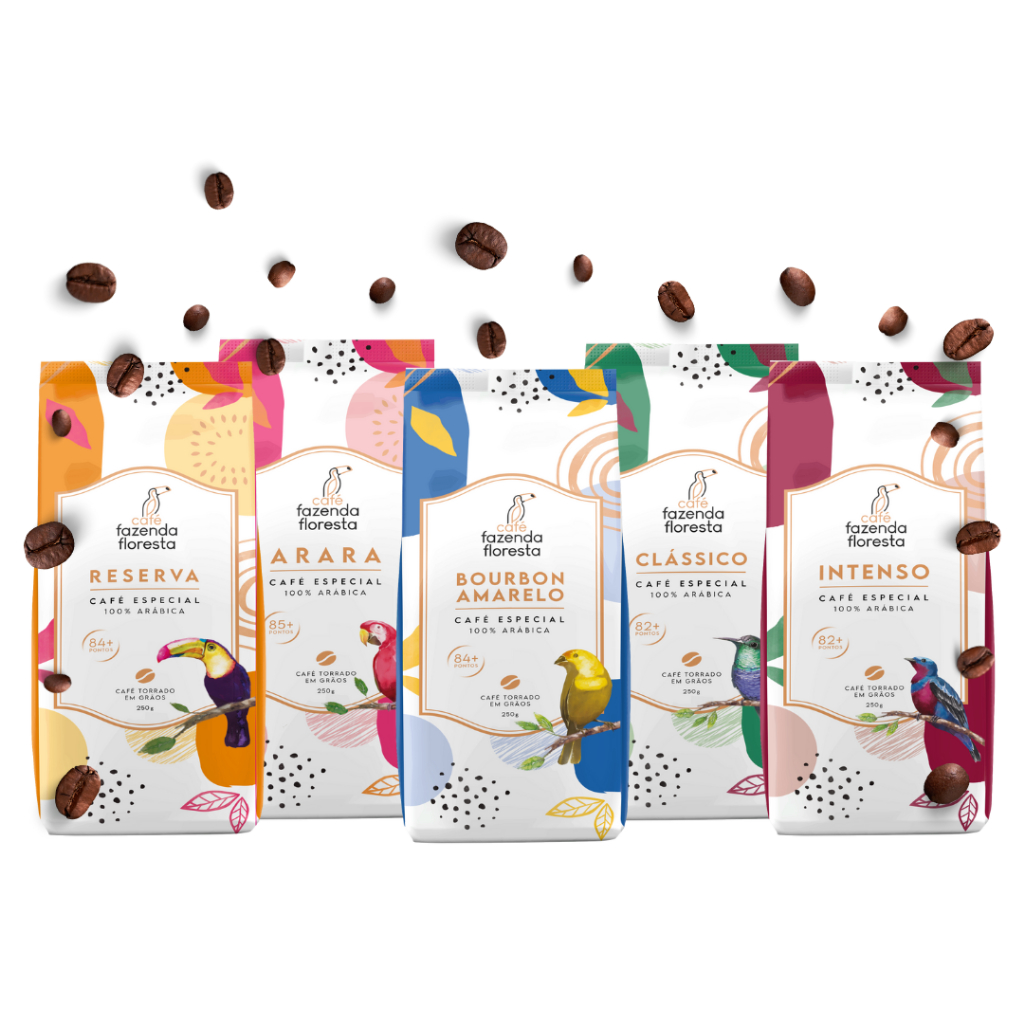 KIT em grãos Café Fazenda Floresta (1 Clássico /1 Reserva /1 Arara /1 Bourbon Amarelo /1 Intenso) 5 pacotes de 250g em Oferta na Shopee